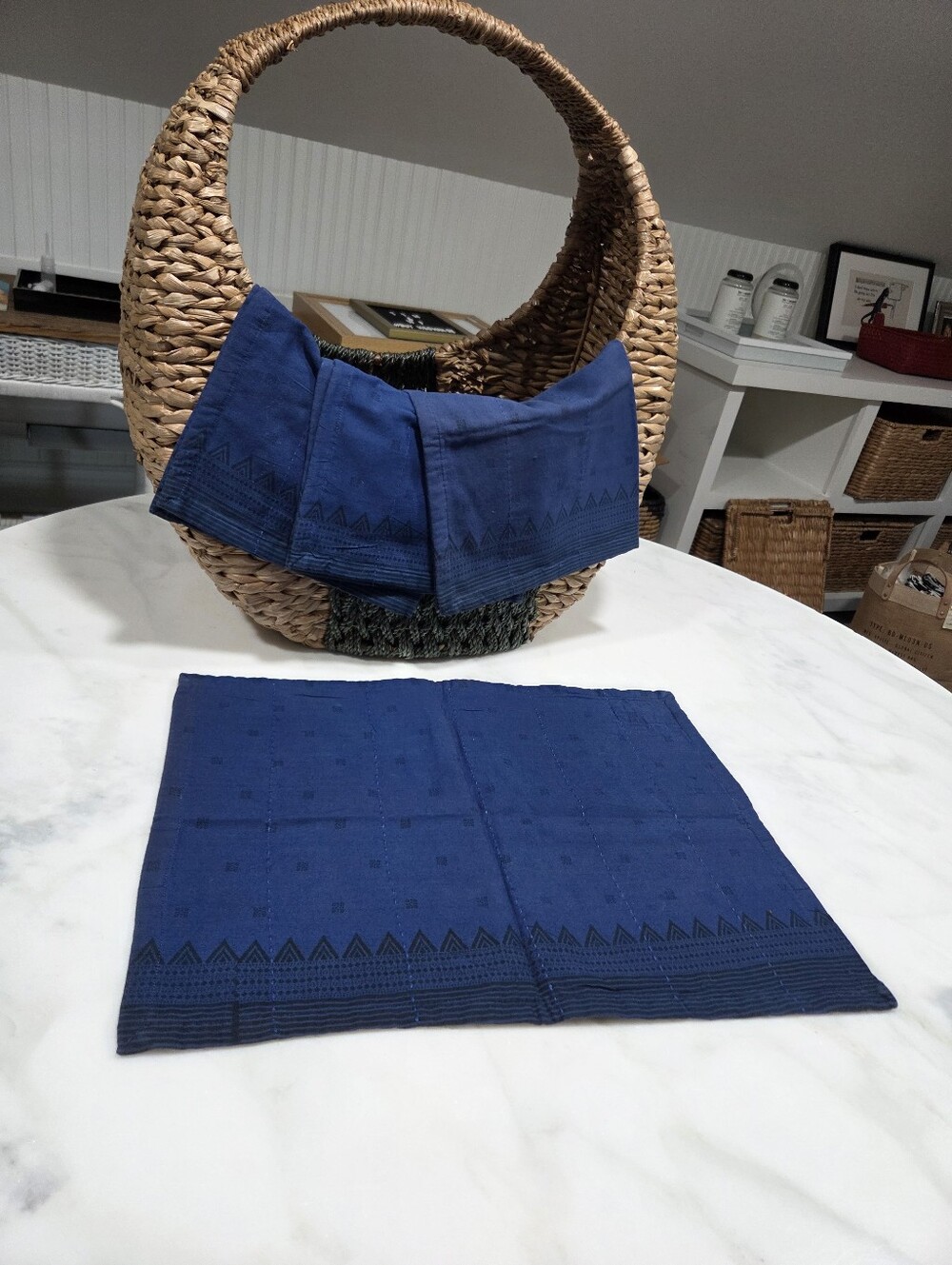 Handsewn Overdyed Artisan Napkin Set - Dark Blue With Black Design, 4 Count